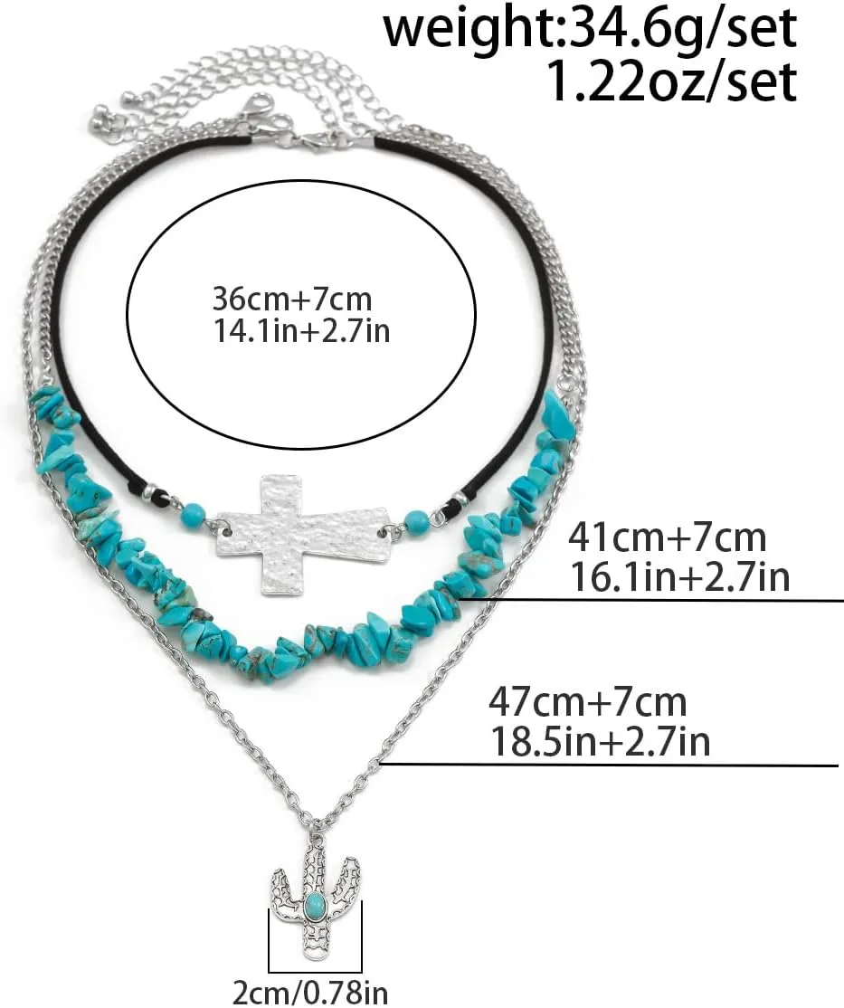 Western Choker Necklaces for Women Vintage Layered Turquoise Beaded Western Jewelry Boho Ox-head Cactus Cross Chain Choker Native Tribal Cowgirl Dresses Accessories