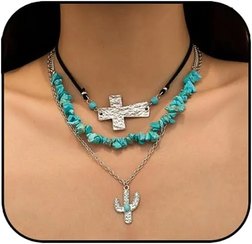 Western Choker Necklaces for Women Vintage Layered Turquoise Beaded Western Jewelry Boho Ox-head Cactus Cross Chain Choker Native Tribal Cowgirl Dresses Accessories