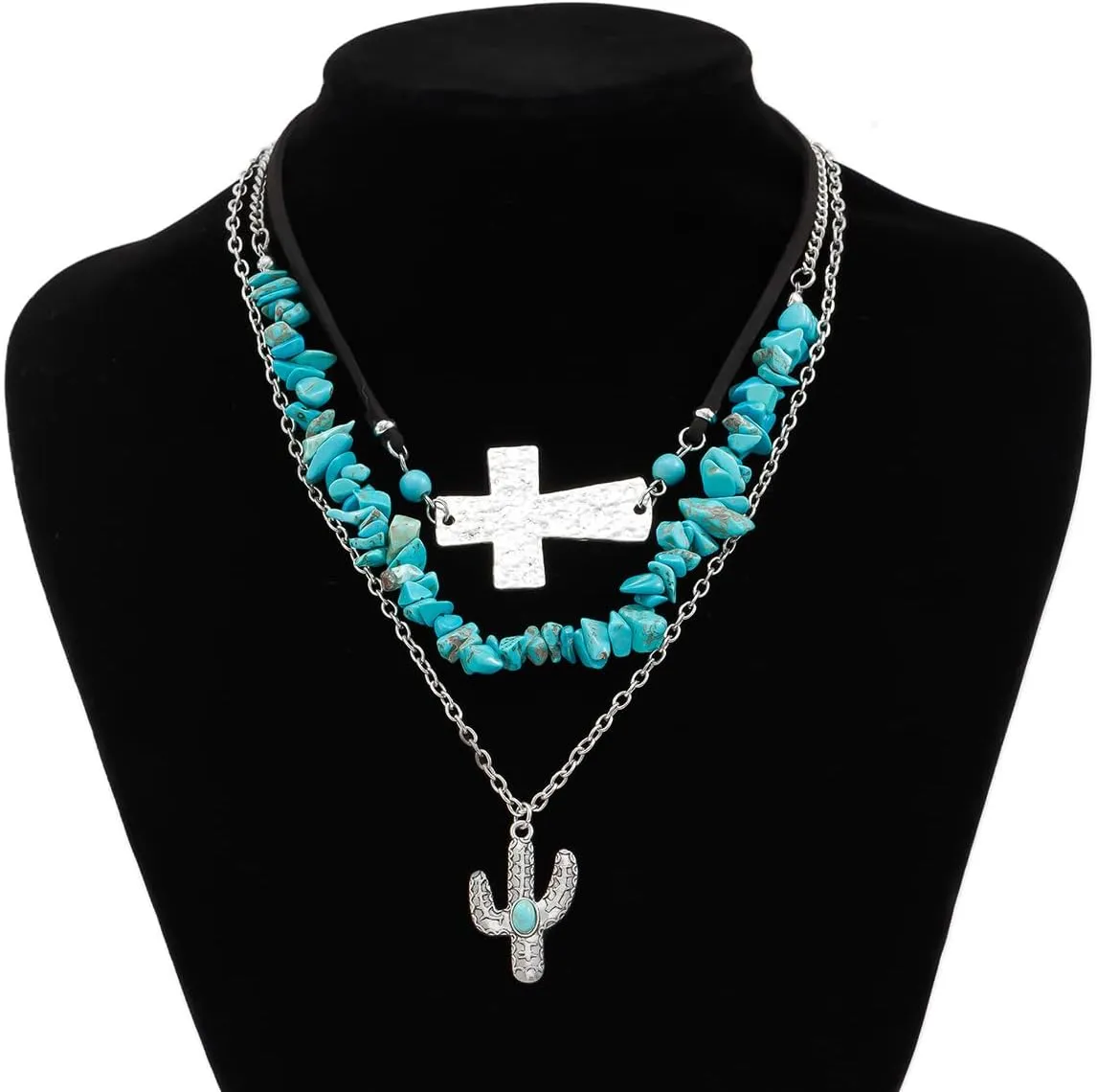 Western Choker Necklaces for Women Vintage Layered Turquoise Beaded Western Jewelry Boho Ox-head Cactus Cross Chain Choker Native Tribal Cowgirl Dresses Accessories