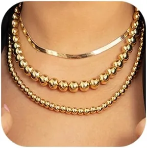 Women Multilayer Silver Gold Dainty Layered Choker Necklaces Handmade Beads Fashion Chunky Pendant Multilayer Adjustable Layering Chain Gold Plated Necklaces Set for Women