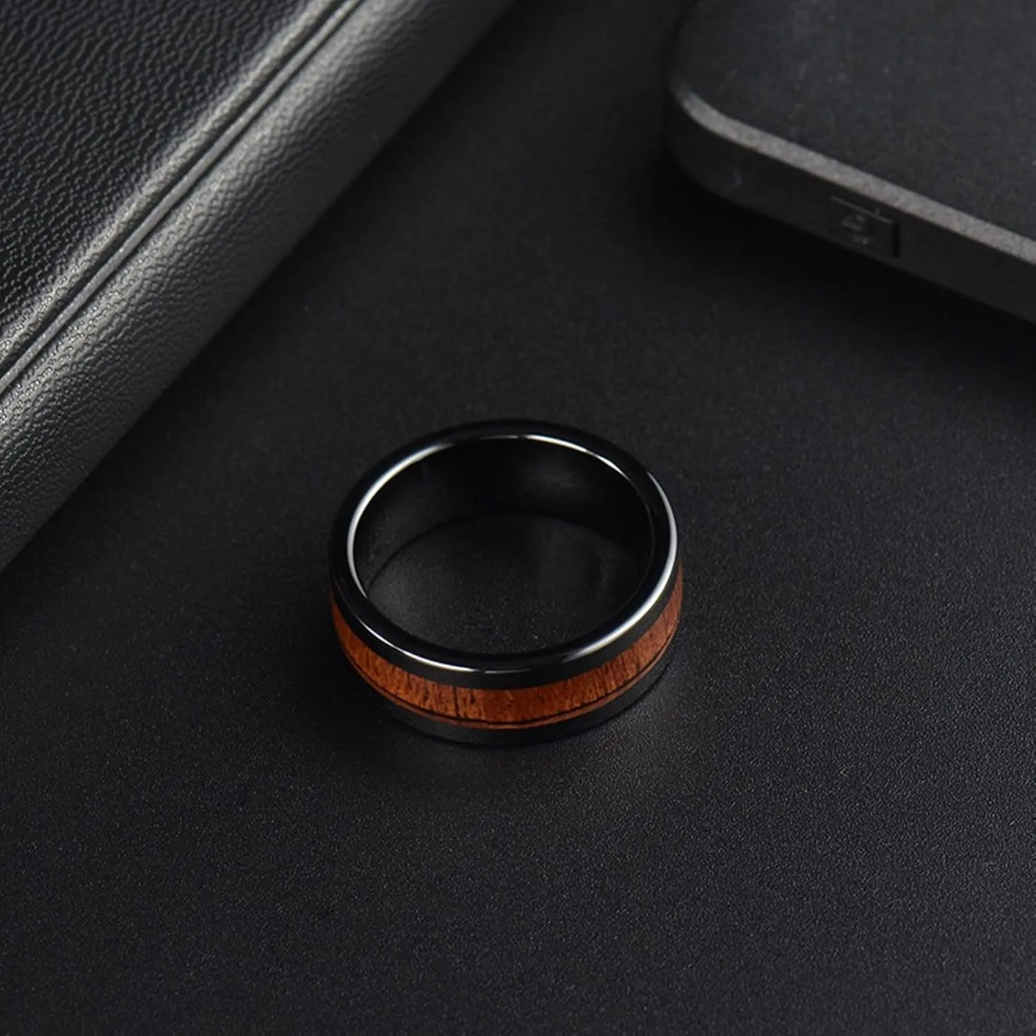 Women Rings Engagement, Men Stainless Steel Rings 8mm Black Ring Inlay Wood Valentine's Day Couple Rings