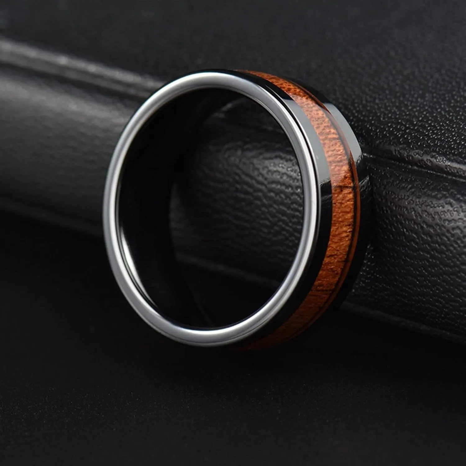 Women Rings Engagement, Men Stainless Steel Rings 8mm Black Ring Inlay Wood Valentine's Day Couple Rings