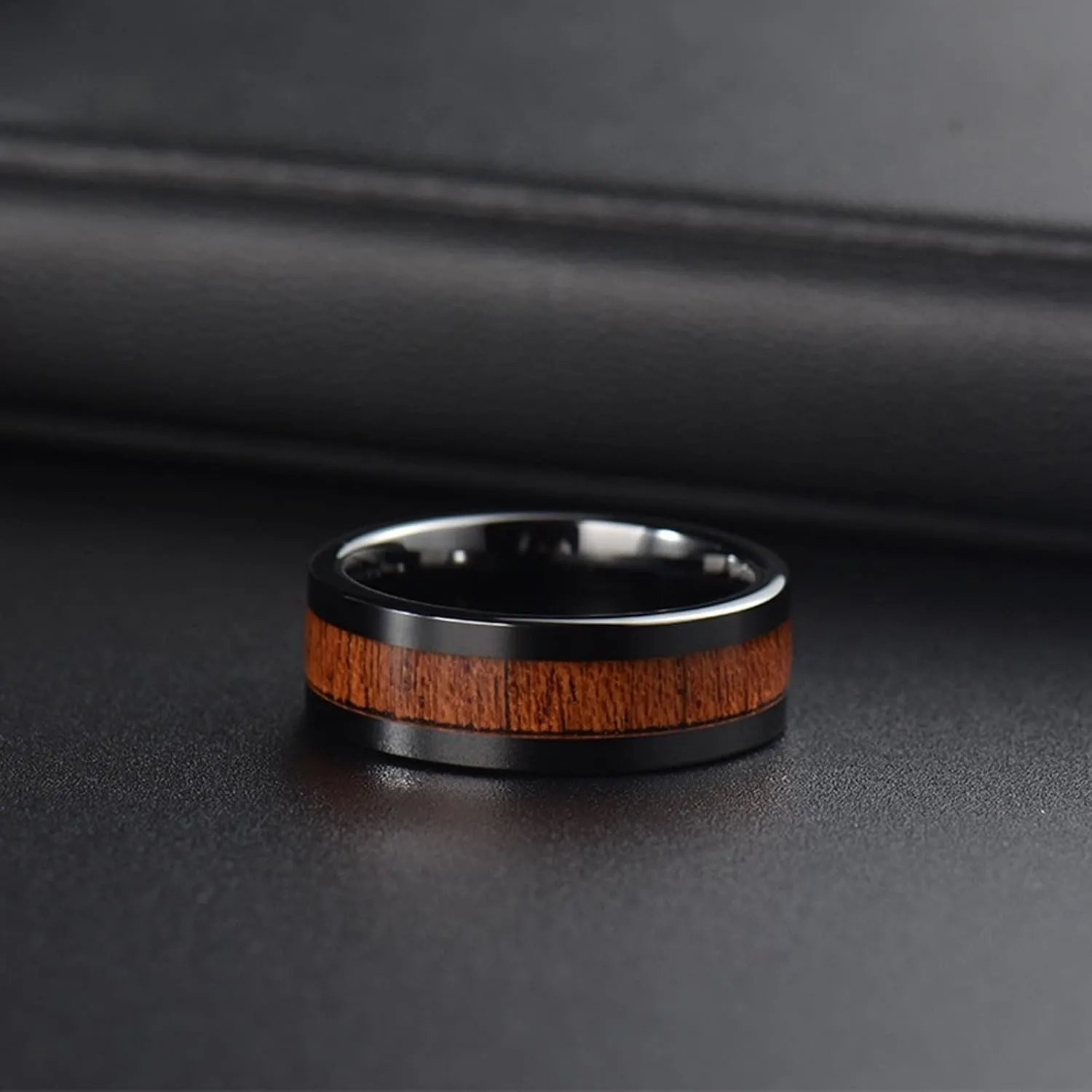 Women Rings Engagement, Men Stainless Steel Rings 8mm Black Ring Inlay Wood Valentine's Day Couple Rings