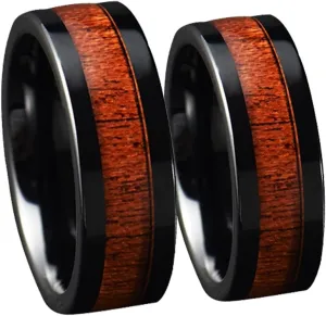 Women Rings Engagement, Men Stainless Steel Rings 8mm Black Ring Inlay Wood Valentine's Day Couple Rings