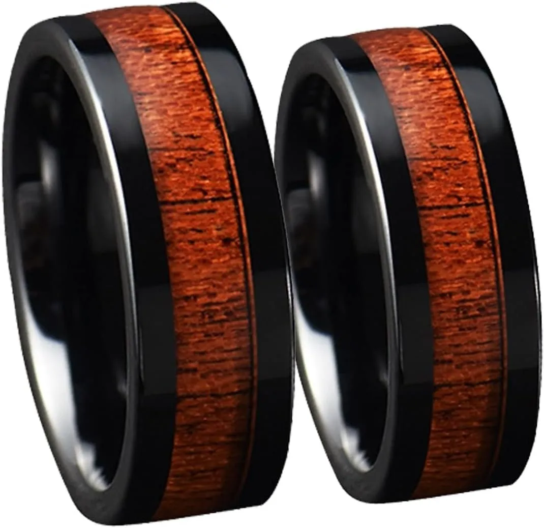 Women Rings Engagement, Men Stainless Steel Rings 8mm Black Ring Inlay Wood Valentine's Day Couple Rings