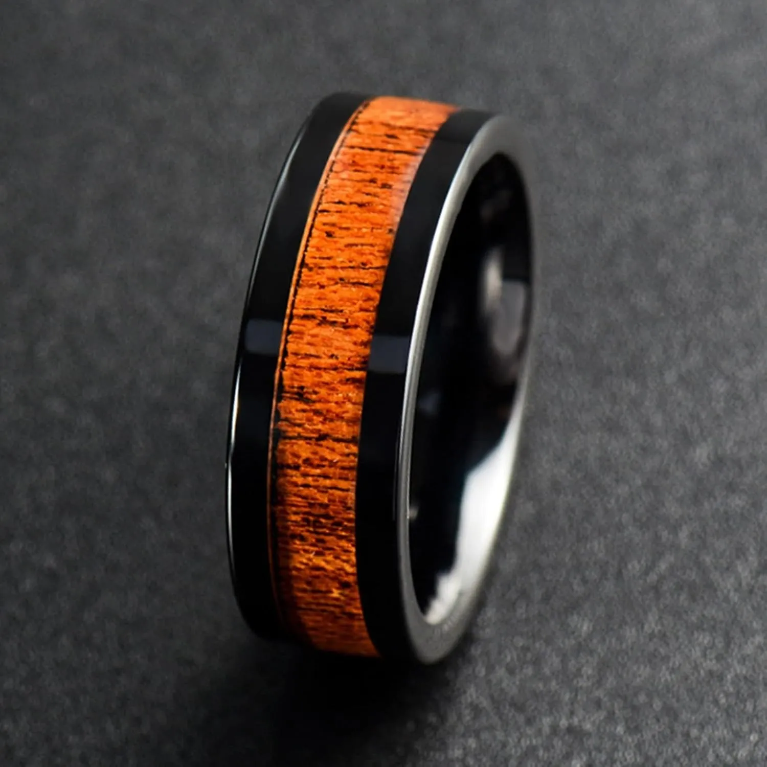 Women Rings Engagement, Men Stainless Steel Rings 8mm Black Ring Inlay Wood Valentine's Day Couple Rings