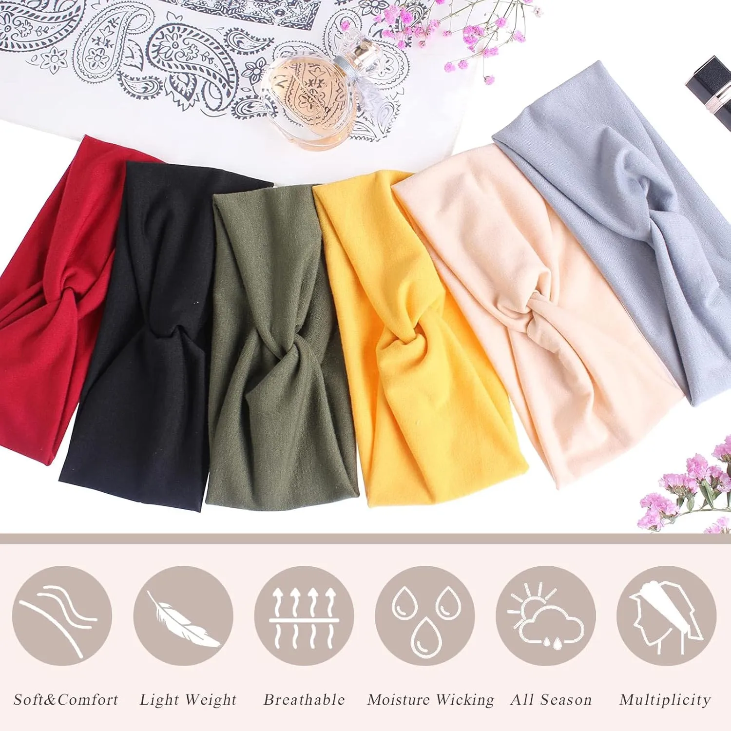 XTREND 6 Pcs Women's Headbands Twisted Cross Elastic Head Band Yoga Workout Head Non-Slip Sweat Soft Headbands Solid Color Simple Versatile Hair Accessory Hairbands