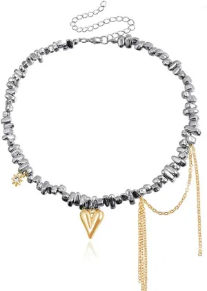 Yalice Punk Silver Choker Necklaces for Women Gothic Heart Star Pendant Necklace Chain with Rivet Grunge Y2K Rhinestone Jewelry Gifts
