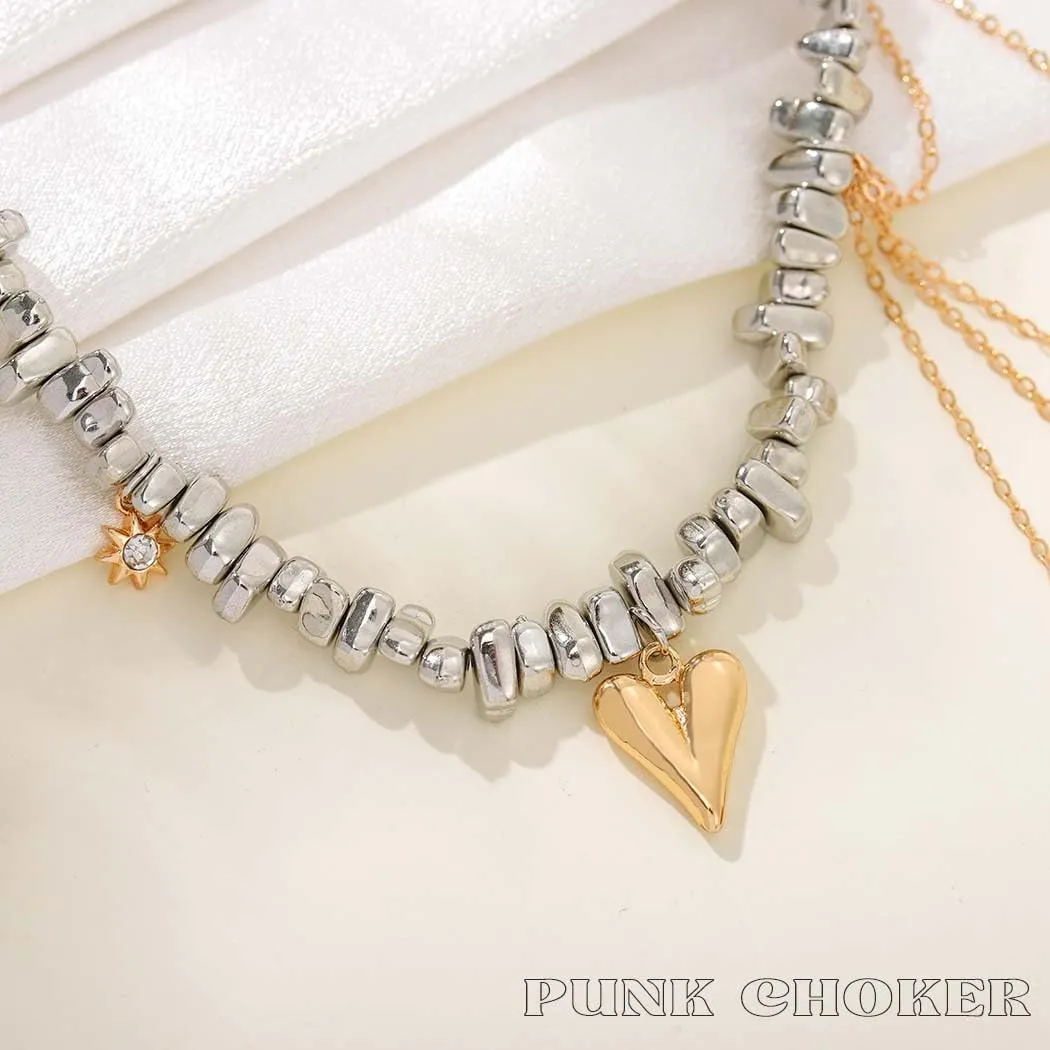 Yalice Punk Silver Choker Necklaces for Women Gothic Heart Star Pendant Necklace Chain with Rivet Grunge Y2K Rhinestone Jewelry Gifts