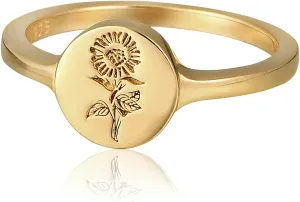 YeGieonr 18K Gold Plated Sterling Silver Rings for Women, Handmade Engraved Sunflower Flower Signet Rings Minimalistic Statement Ring, Delicate Jewelry Gift for Women/Girls