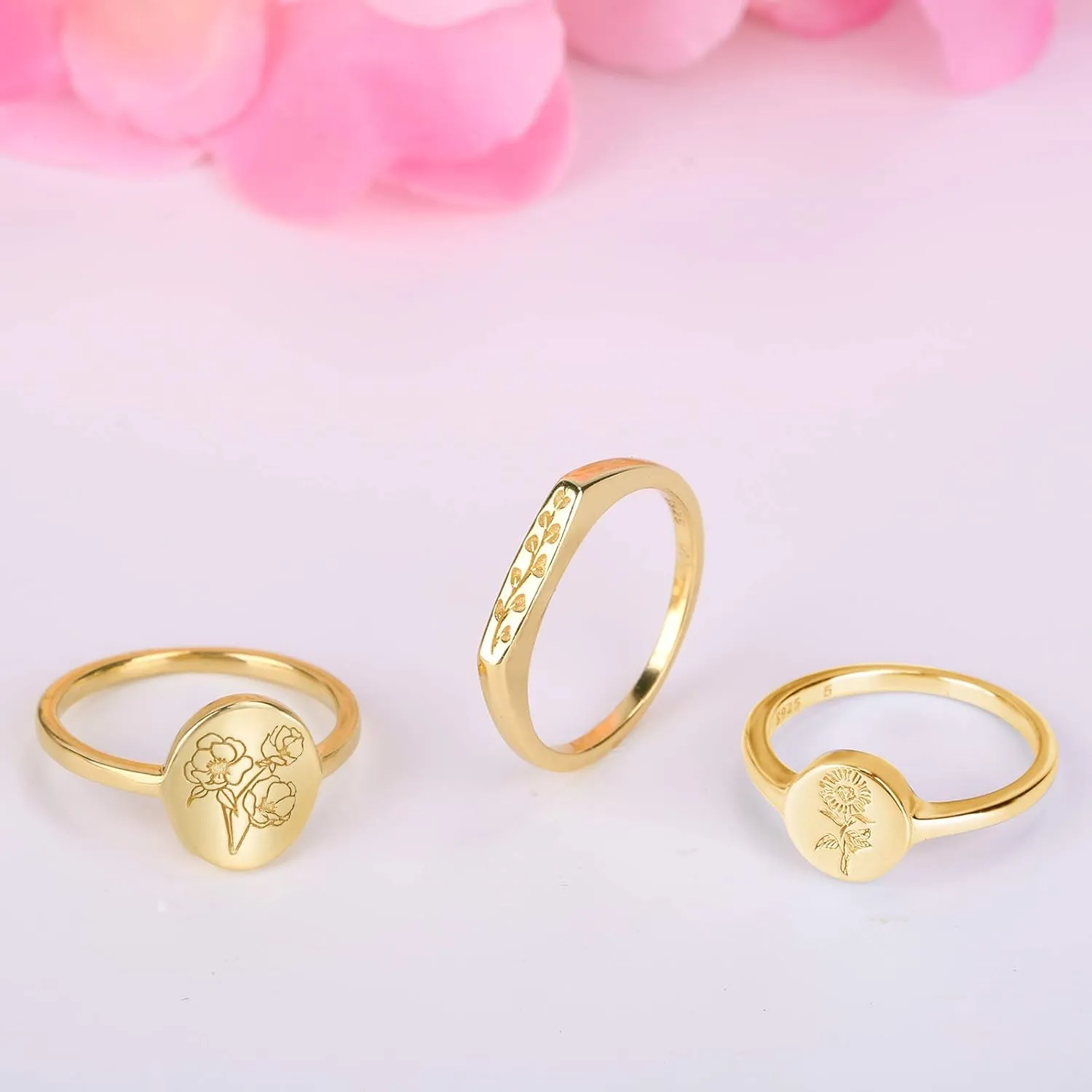YeGieonr 18K Gold Plated Sterling Silver Rings for Women, Handmade Engraved Sunflower Flower Signet Rings Minimalistic Statement Ring, Delicate Jewelry Gift for Women/Girls
