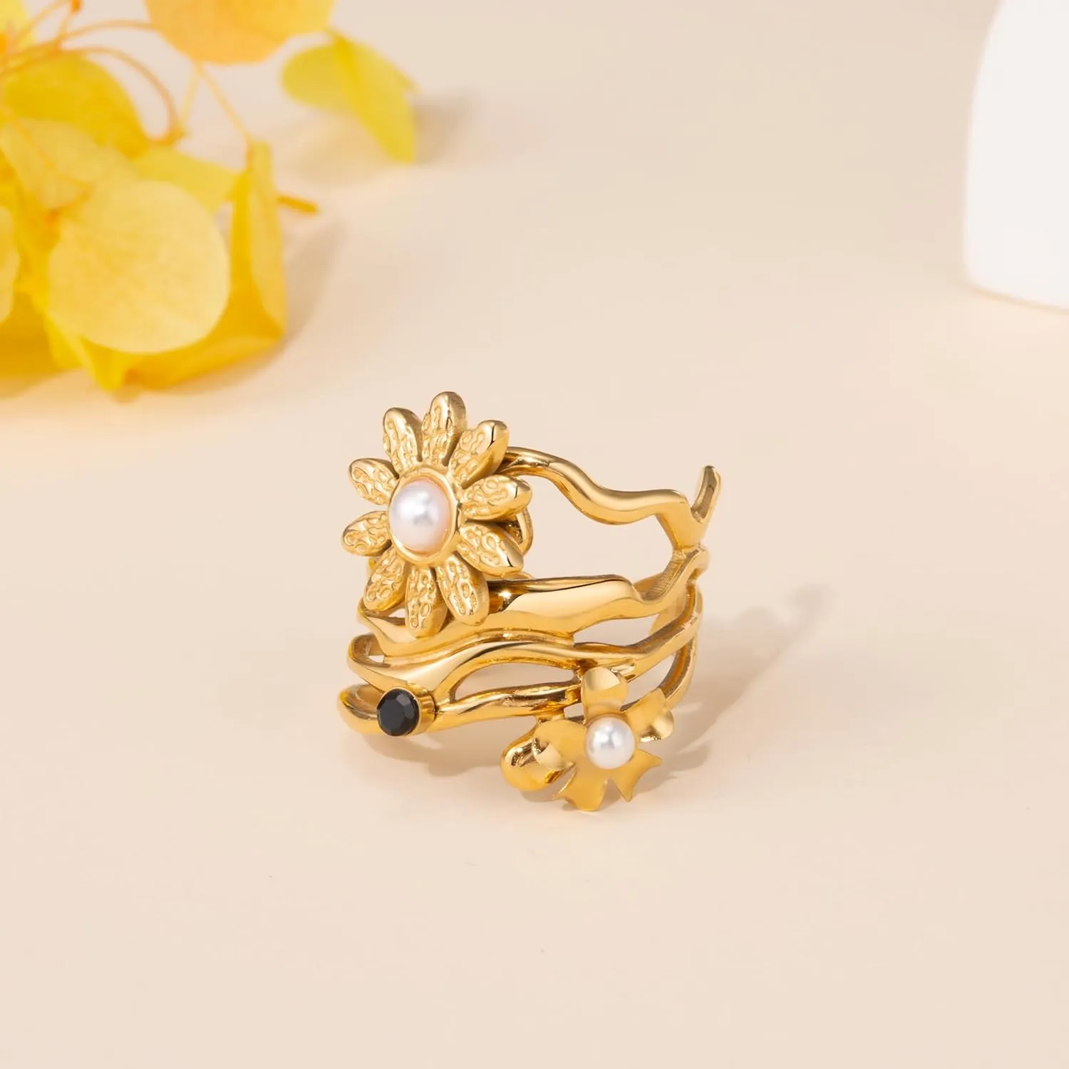 YeGieonr Gold Rings for Women Non Tarnish, Stainless Steel Rings with 18k Gold Plated, Layered Adjustable Rings with Gemstone, Statement Jewelry Gifts for Women