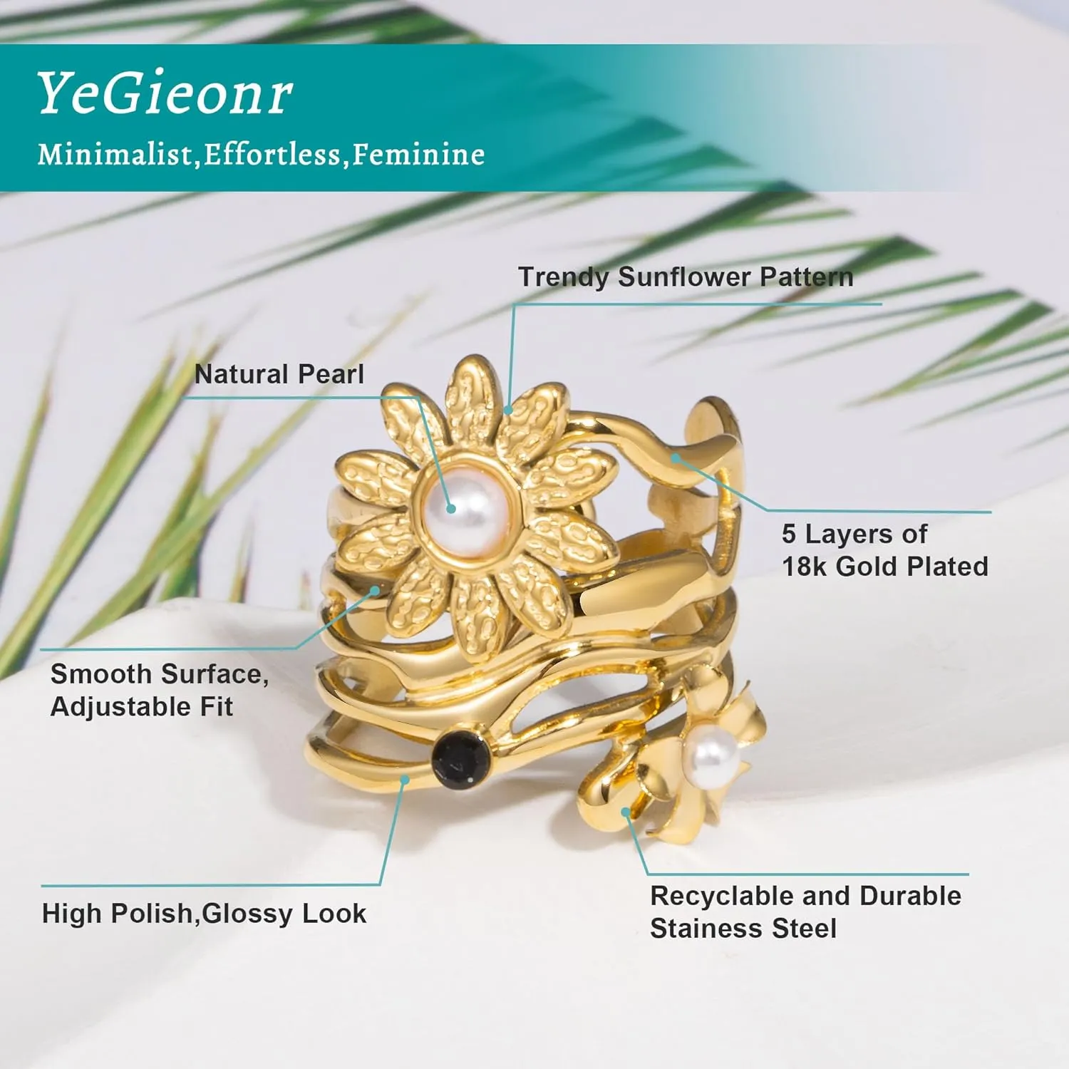 YeGieonr Gold Rings for Women Non Tarnish, Stainless Steel Rings with 18k Gold Plated, Layered Adjustable Rings with Gemstone, Statement Jewelry Gifts for Women