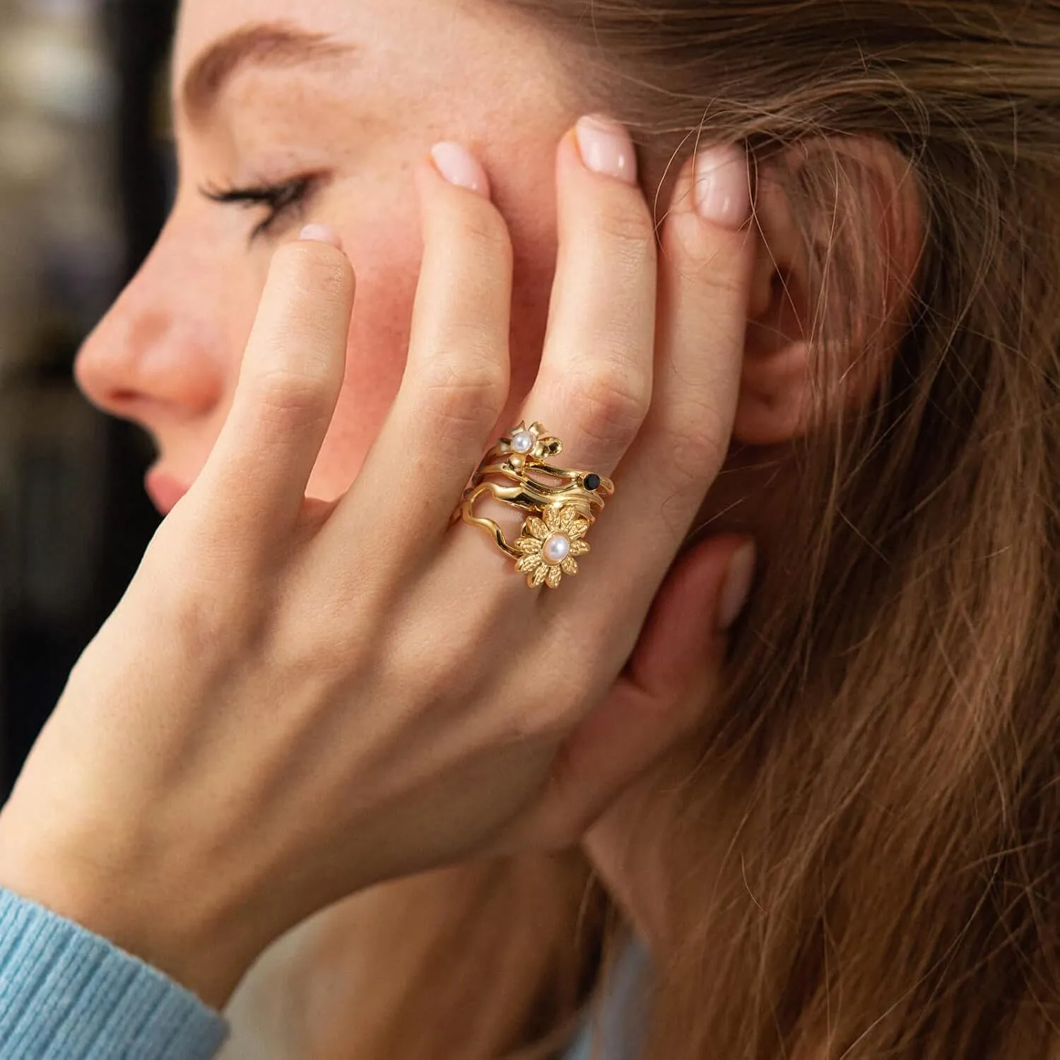YeGieonr Gold Rings for Women Non Tarnish, Stainless Steel Rings with 18k Gold Plated, Layered Adjustable Rings with Gemstone, Statement Jewelry Gifts for Women