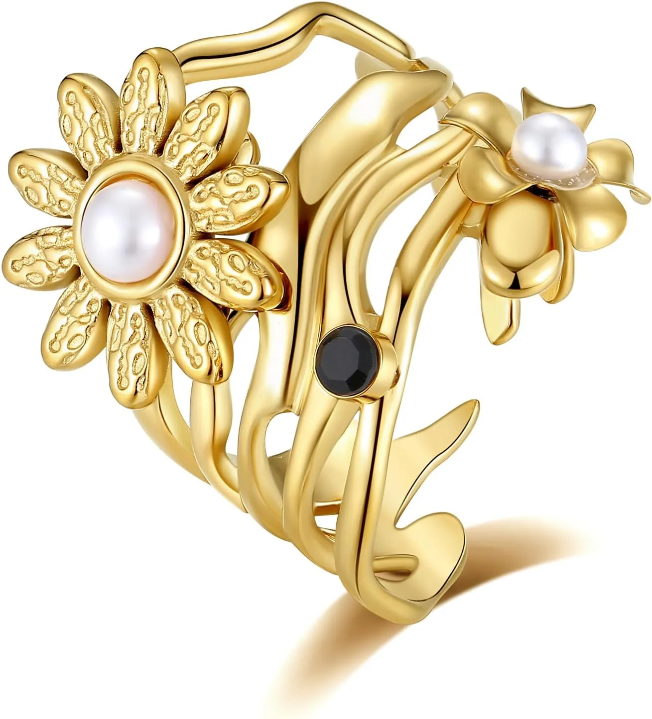 YeGieonr Gold Rings for Women Non Tarnish, Stainless Steel Rings with 18k Gold Plated, Layered Adjustable Rings with Gemstone, Statement Jewelry Gifts for Women