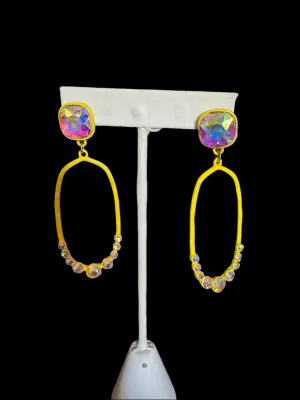 Yellow AB Crystal Oval Drop Earrings | Iridescent Sparkle & Lightweight Style