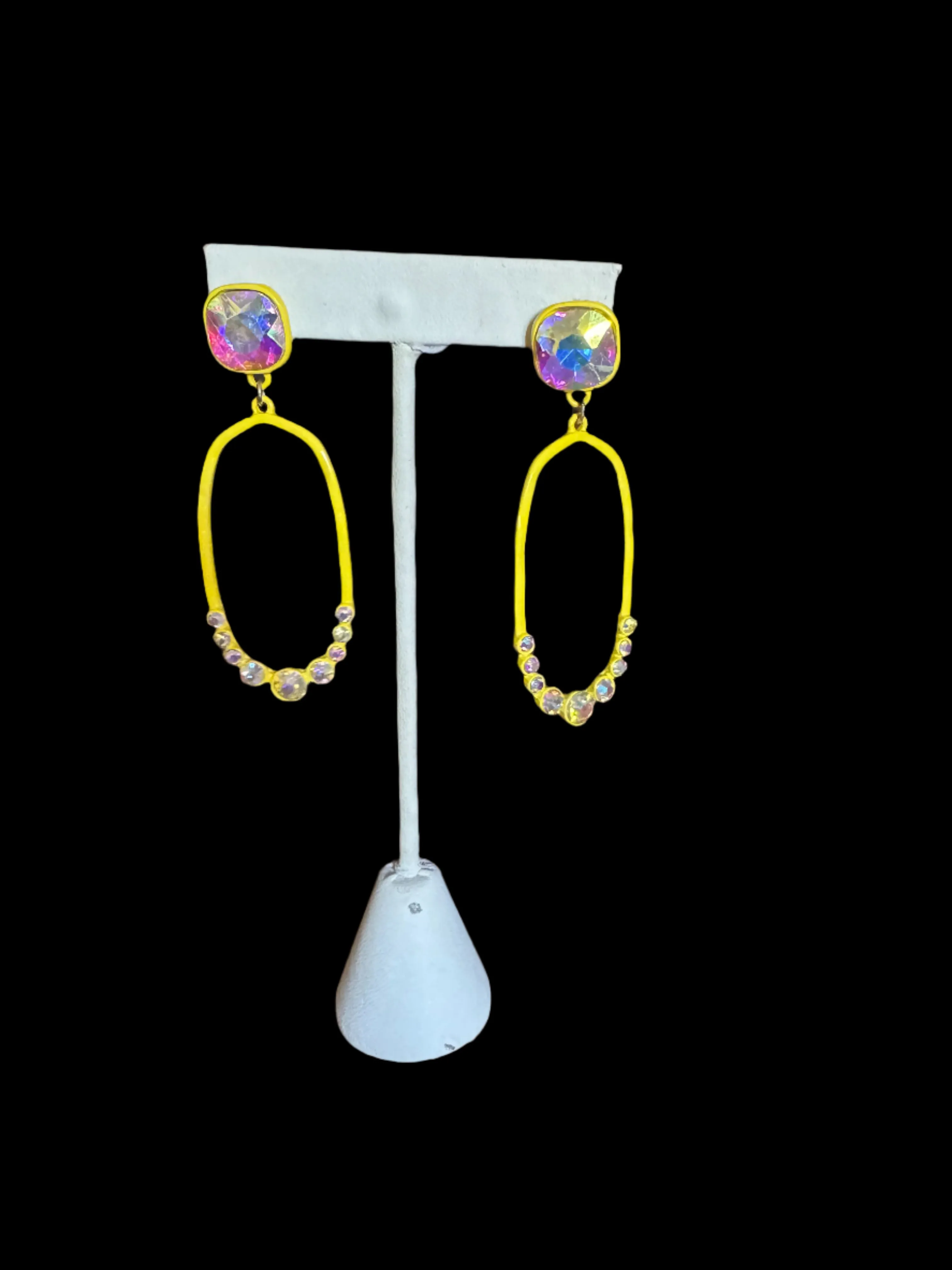Yellow AB Crystal Oval Drop Earrings | Iridescent Sparkle & Lightweight Style