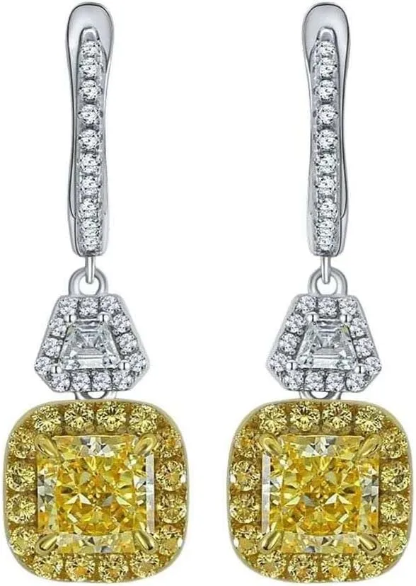 Yellow Diamond Earrings| Drop Dangle Earrings for Women| Citrine Earrings| Genuine 925 Silver Non Tarnish Hypoallergenic Cushion Cut Created Yellow Diamond 4 Ctw