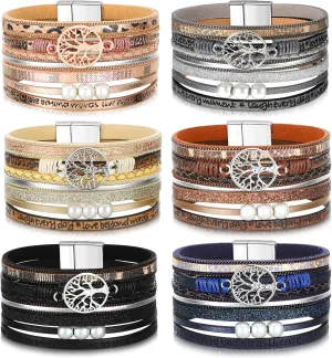 Yinkin 6 Pcs Boho PU Leather Wrap Bracelets for Women Stack Multi Layer Bohemian Cuff Bracelets trendy Jewelry Gifts