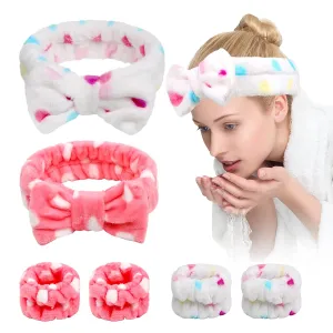 Yoseng 6 Pcs Face Wash Headband Wristband Set,Spa Headband Makeup Skincare Headbands Wrist Bands Scrunchies Bracelets for Washing Face (Pink white,Love)