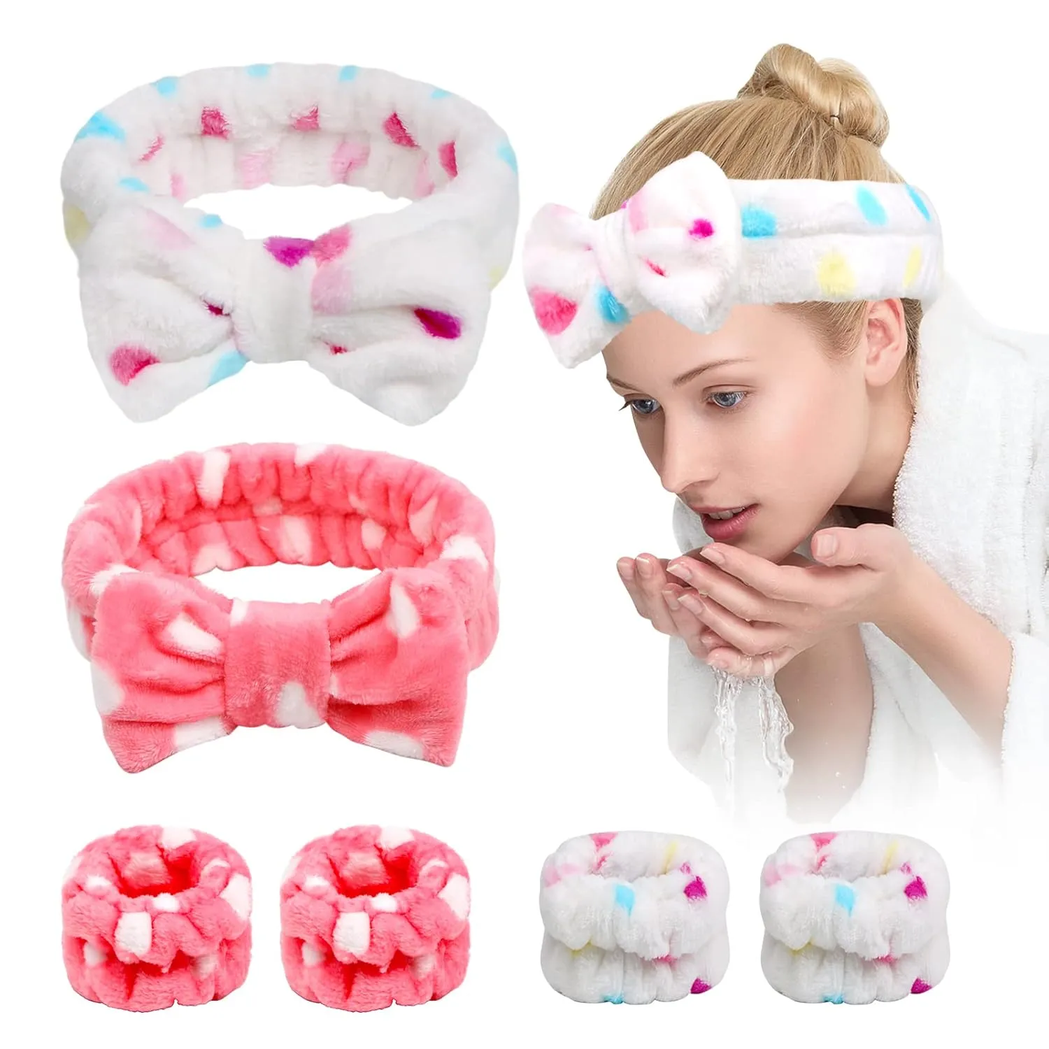 Yoseng 6 Pcs Face Wash Headband Wristband Set,Spa Headband Makeup Skincare Headbands Wrist Bands Scrunchies Bracelets for Washing Face (Pink white,Love)