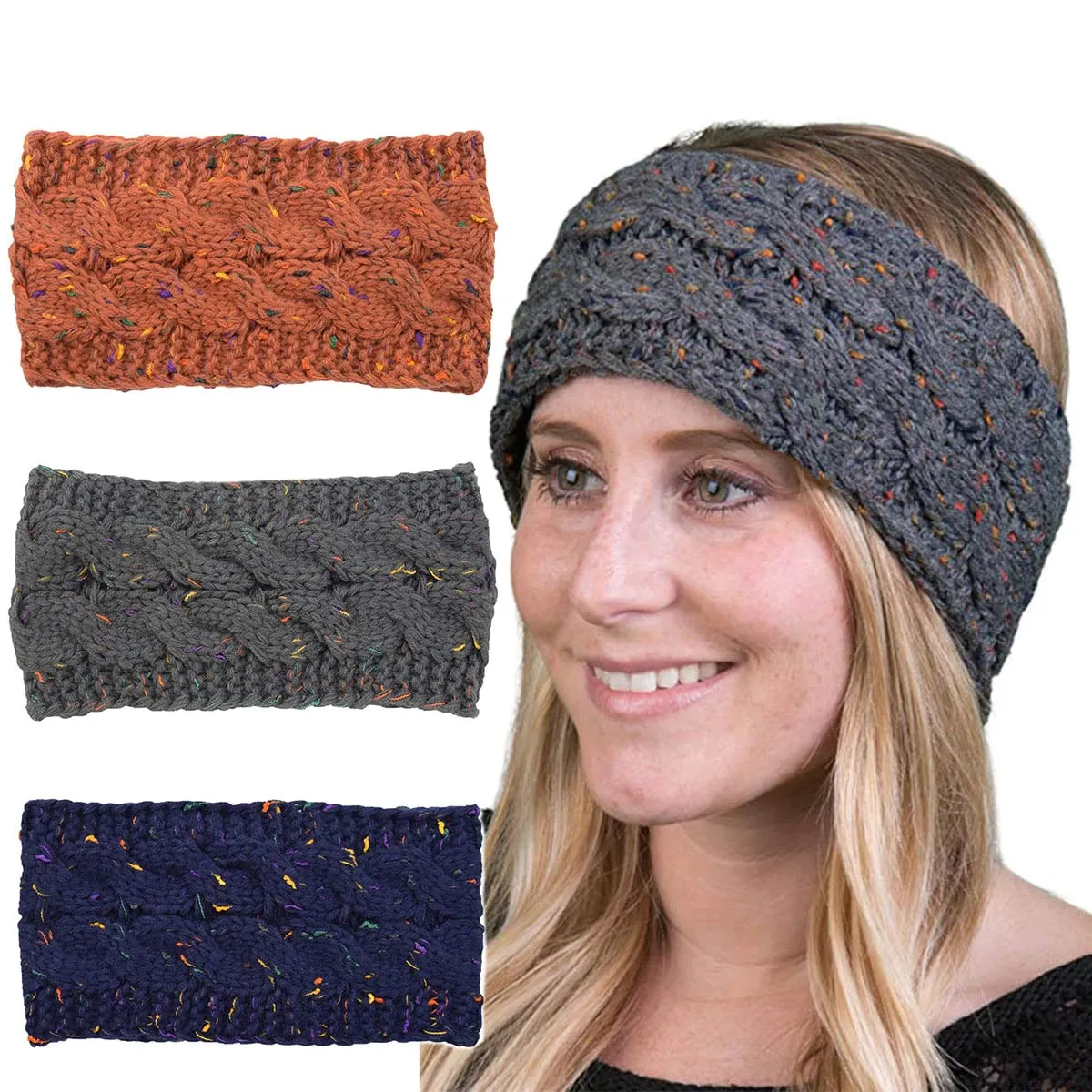 YSJOY 3 Pack Elegant Women's Gold Wire Cable Knitted Turban Headband Ear Warmer Head Wrap Headband Red Grey Blue