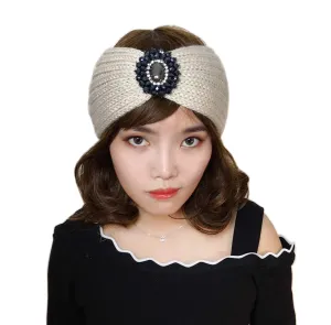YSJOY Vintage Retro Bohemian Beads Solid Color Cable Knitted Winter Turban Headband Ear Warmer Head Wrap Twisted Turban Floral Wide Hair Band for Women Girls Beige